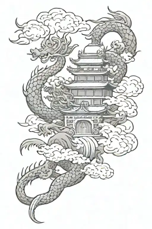 a tattoo sleve style japanese. It sould include a dragon, clouds or sea,and an old japanese temple tattoo design idea