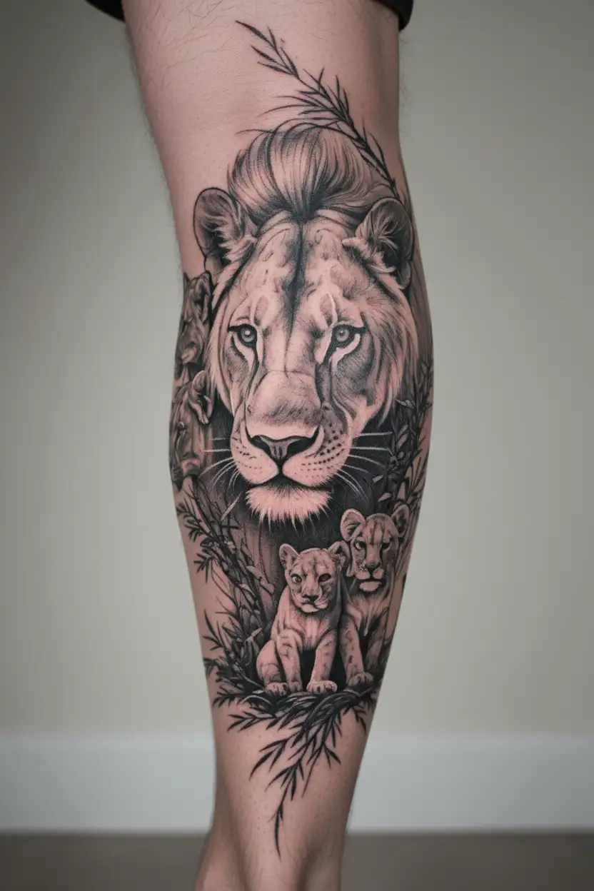 lioness with cubs walking in the forest tattoo design idea