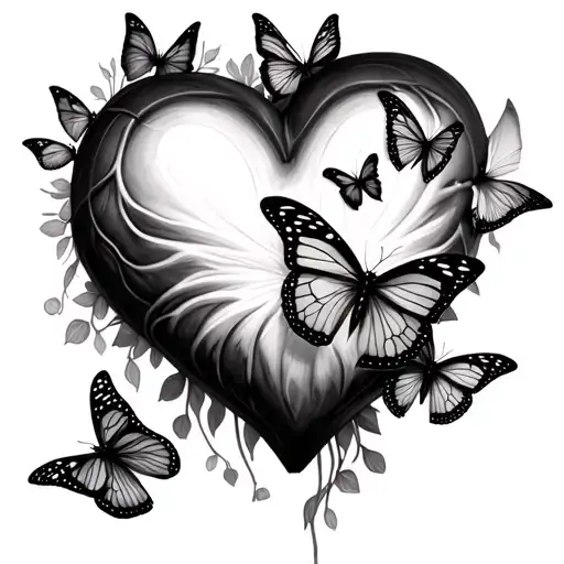 realistic heart with 4 butterflies tattoo design idea