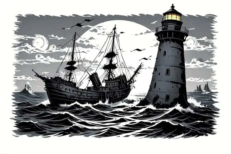 light house sunset ship wreck squid  tattoo design idea