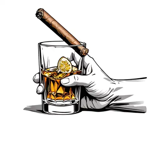 a glass of whiskey with a cigar on the glass and a hand holding the glass  tattoo design idea