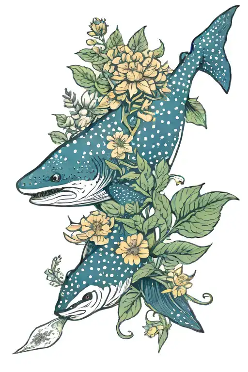marigold flowers, basil, sweet pea flowers, whale shark tattoo design idea