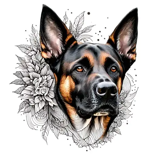 An abstract representation of the bond between the client's love for Belgian Malinois and Rhode Island, using intricate linework tattoo design idea
