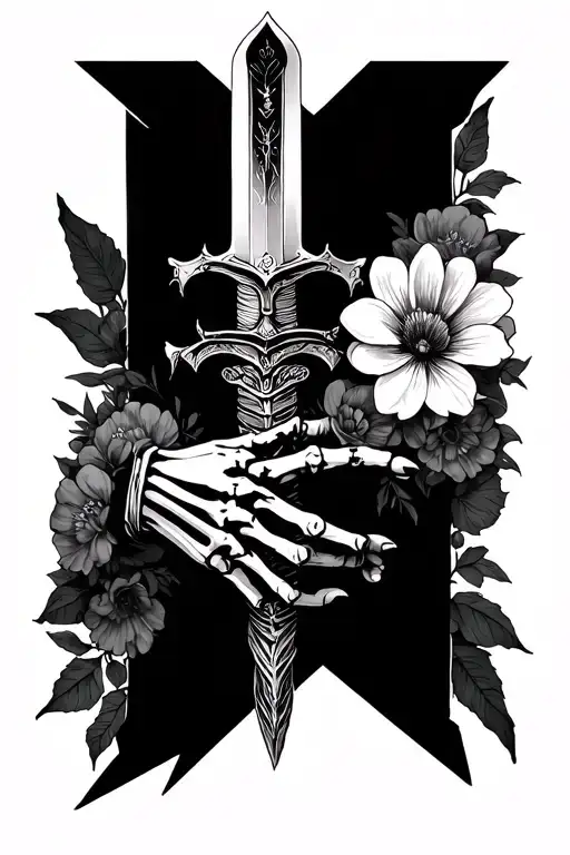 Can you create a tattoo on all the arms with flowers of the equinox, a hand in skeleton which holds a saber U tattoo design idea