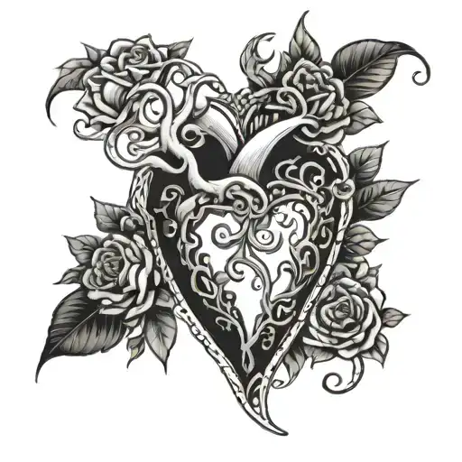 flowers and vines surrounding heart and dagger on women's sternum tattoo design idea