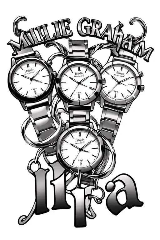 "Millie Graham Ira" three watches with dog tags intertwined tattoo design idea
