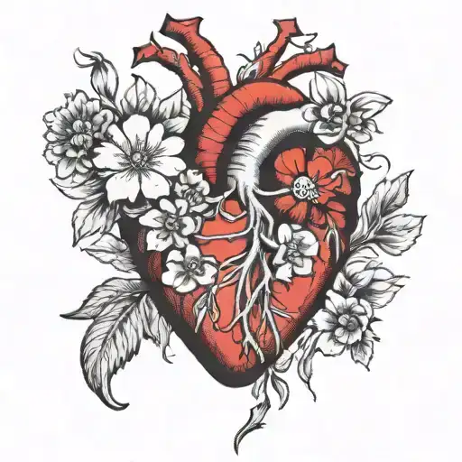 anatomically correct red heart with white flowers coming out of it tattoo design idea