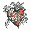 anatomically correct red heart with white flowers coming out of it tattoo design idea