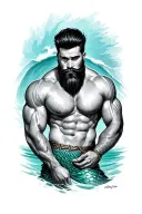 gay, hairy, muscle, male pinup, beard, big bulge, tom of finland style, nautical merman style tattoo design idea