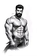 gay, hairy, muscle, male pinup, beard, big bulge, tom of finland style, nautical merman style tattoo design idea