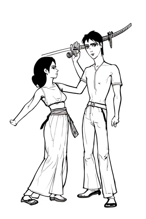 mia and sebastian from lalaland dancing. Mia holds the katana from kill bill in her hand. sebastian has button eyes tattoo design idea