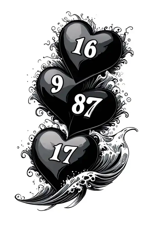 2 hearts with waves crashing with numbers 9-16-87 tattoo design idea