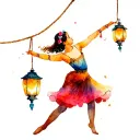 Rope dancer with a balancing rod at the end of which two lanterns hang in the light of which one child is indicated tattoo design idea