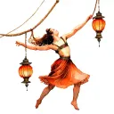 Rope dancer with a balancing rod at the end of which two lanterns hang in the light of which one child is indicated tattoo design idea