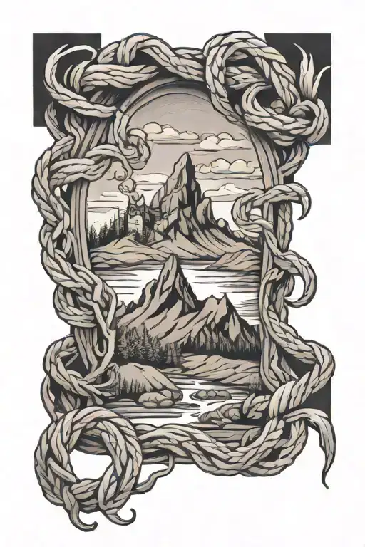 Swiss mountains and little stream with Fleur de lis intertwined within, rope running through tattoo design idea