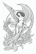 moon, broken winged aquarian beautiful angel with phoenix and water tattoo design idea