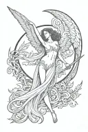 moon, broken winged aquarian beautiful angel with phoenix and water tattoo design idea
