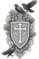 Rooker Family Crest with a celtic cross in a circle as a shield surrounded by cedar trees with  6 Crows tattoo design idea