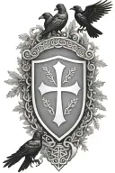 Rooker Family Crest with a celtic cross in a circle as a shield surrounded by cedar trees with  6 Crows tattoo design idea