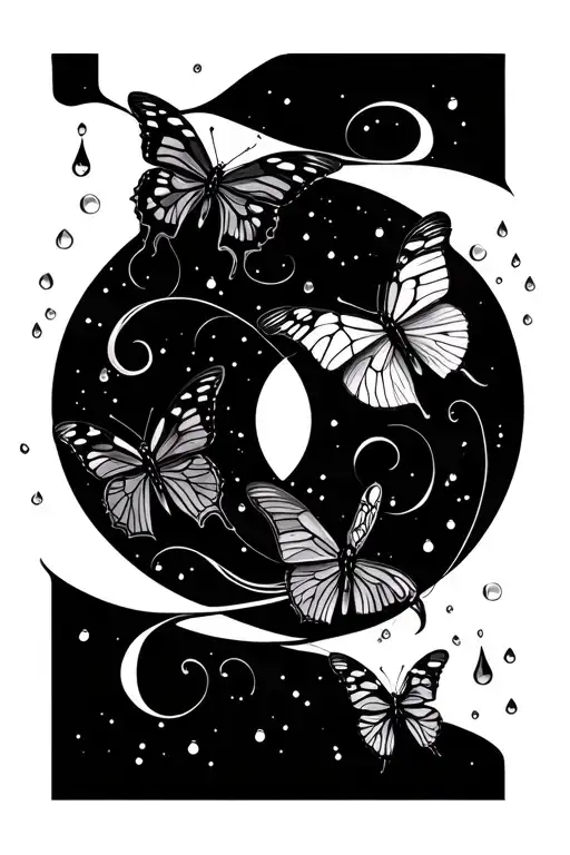 line work with drops of jupiter and butterflies intertwined tattoo design idea