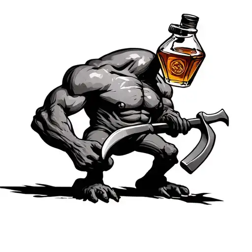 A whiskey that has arms and legs and is holding a crowbar  tattoo design idea
