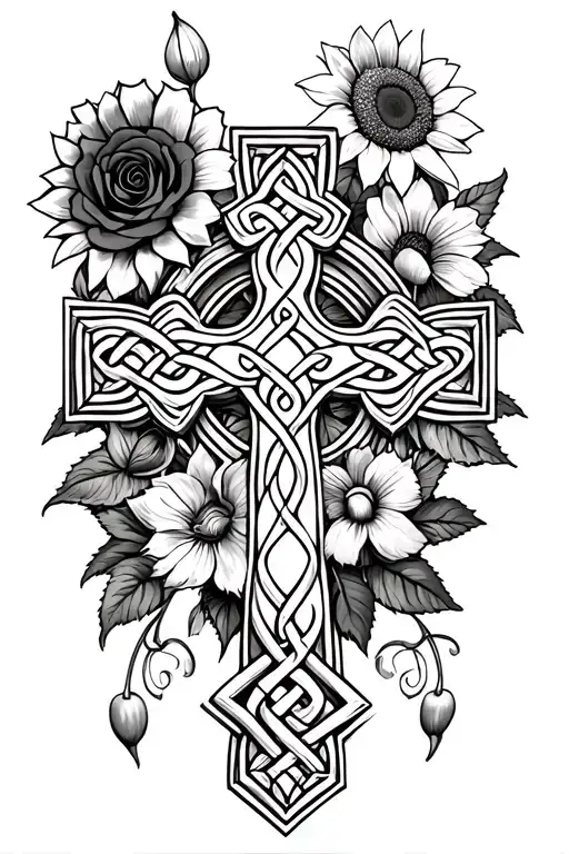 Black and White Celtic Cross, pathway to heaven's gates, red rose, cherry blossoms, sunflower, and iris. tattoo design idea