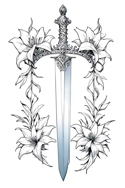 sword lilies crown surrounded tattoo design idea