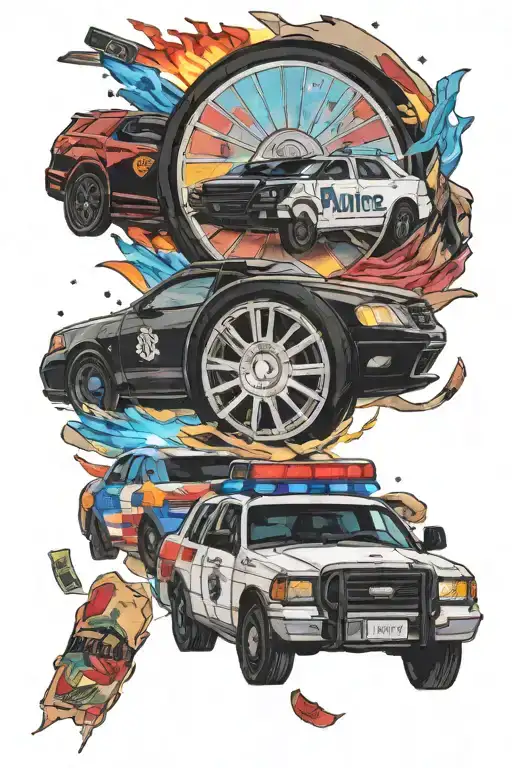 realistic wheel from The Wheel of fortune, realistic police car with (flashing red and blue lights), scattered torn maga tattoo design idea