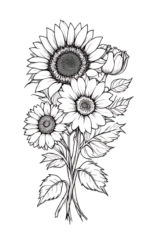 flower bouquet with a sunflower, daisy, rose and tulip tattoo design idea