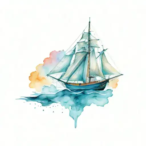 Large Ship sailing boat 3 sails open floating tattoo design idea