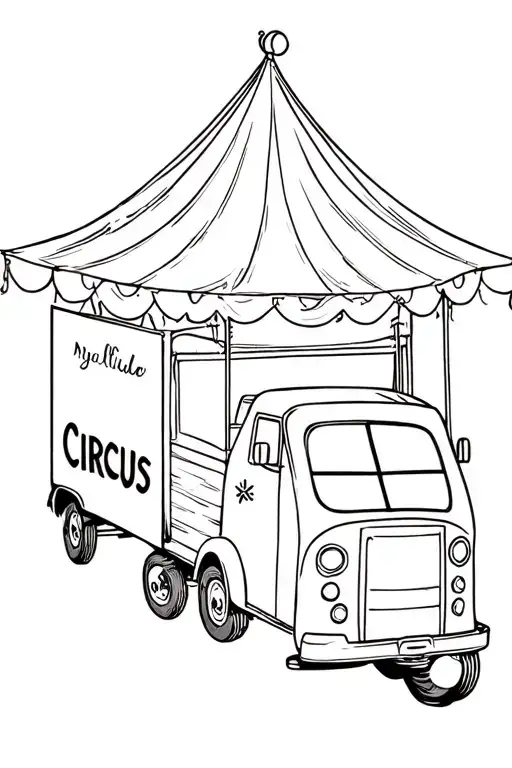 N a small truck with the word Circus on the side and the back doors open, from where circus genres burst out tattoo design idea