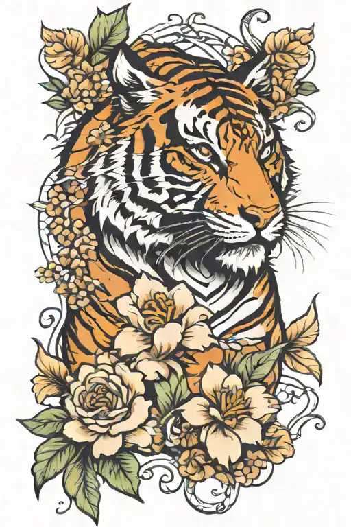 walking tiger flowers blooming tattoo design idea