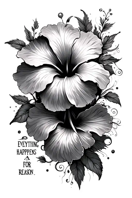 a back tattoo that is a hibiscus flower that flows into the words everything happens for a reason  tattoo design idea