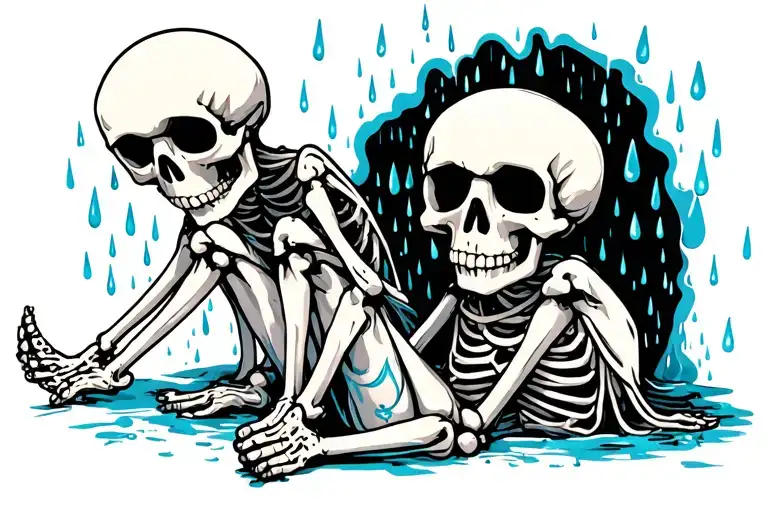 skeleton sitting sad, rain falling tattoo design idea
