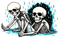 skeleton sitting sad, rain falling tattoo design idea