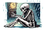 skeleton sitting sad, rain falling tattoo design idea