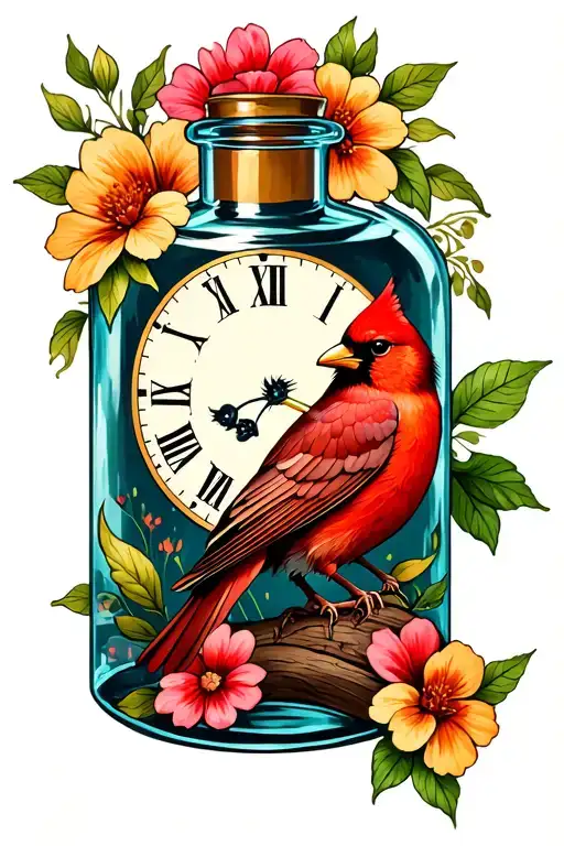 Time In A Bottle, cardinal bird, flowers tattoo design idea