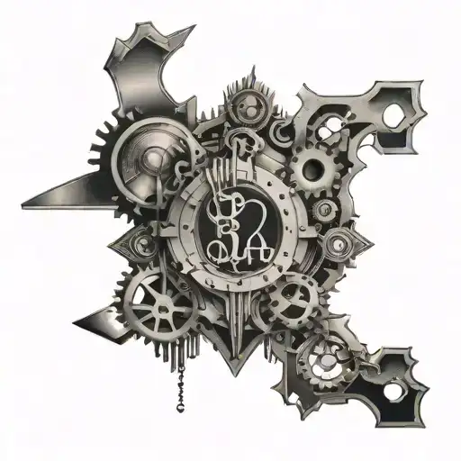 An intricate mechanical tattoo representing the challenges faced in engineering, with elements of a broken heart and dollar signs to symbolize financial issues tattoo design idea