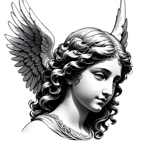 Women's face, statue and angel wings tattoo design idea