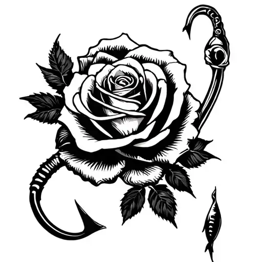 rose and fishing hook intertwined tattoo design idea