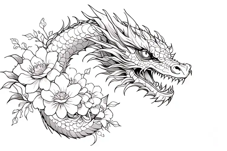 Japanese dragon with flowers tattoo design idea