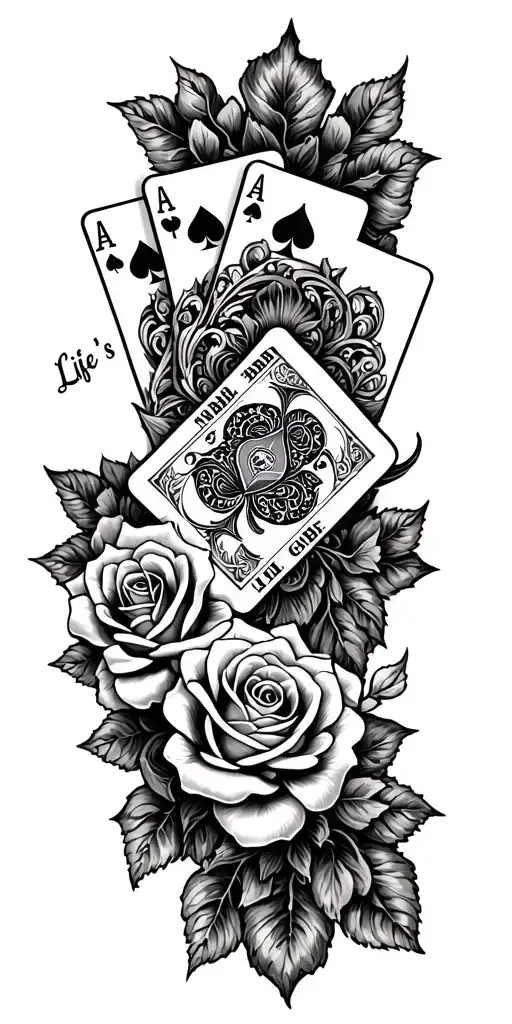 filigree design with playing cards and roses intertwined with "Life's a gamble" tattoo design idea