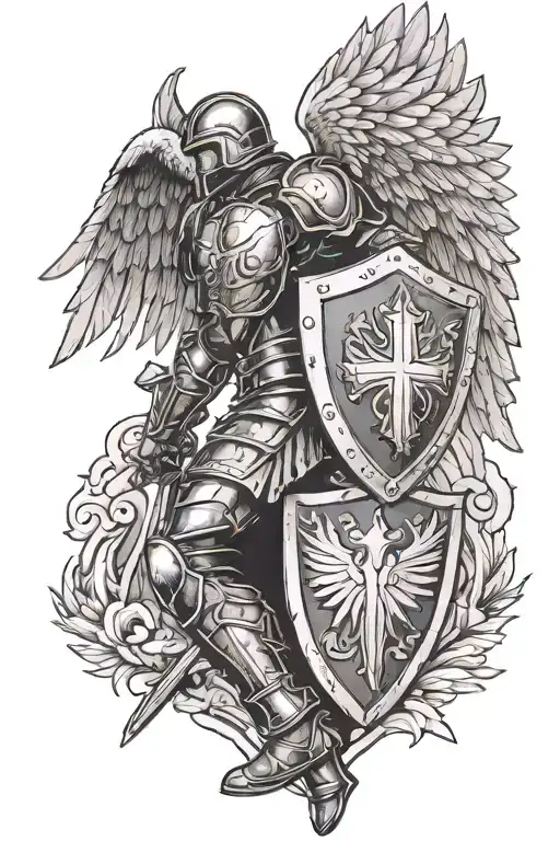 full armor of god soldier with wings spread wide and a shield  tattoo design idea