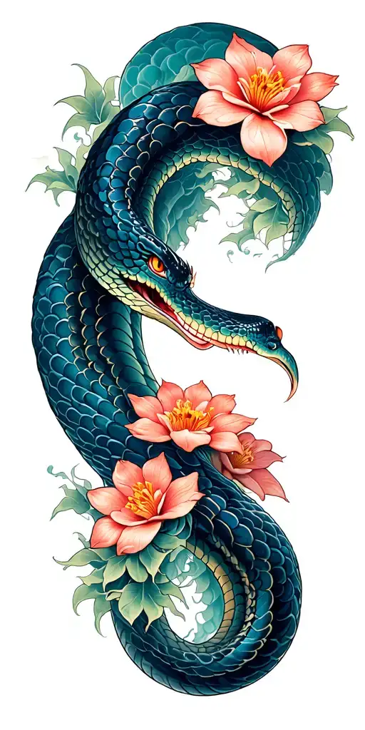 japanese waves snake flowers tattoo design idea