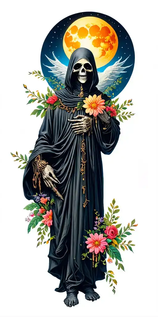 grim reaper full body with sun and moon with flowers tattoo design idea