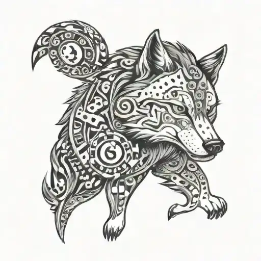 A wolf with a subtle pattern of casino symbols like dice and roulette wheels in its fur, showcasing the client's interest in gambling tattoo design idea