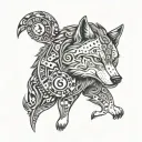 A wolf with a subtle pattern of casino symbols like dice and roulette wheels in its fur, showcasing the client's interest in gambling tattoo design idea