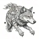 A wolf with a subtle pattern of casino symbols like dice and roulette wheels in its fur, showcasing the client's interest in gambling tattoo design idea