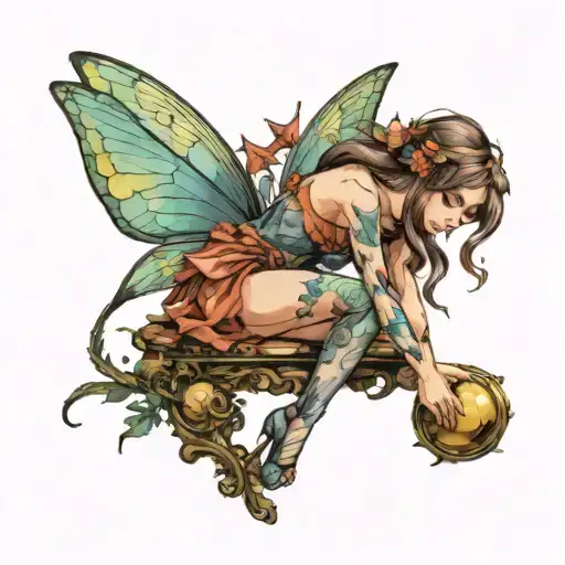 The fairy, who has slightly bent her leg and is slightly leaning forward, touches the mirror tattoo design idea