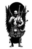 no legs shirtless muscular bagpiper bald black beard playing bagpipes hoge black wings tattoo design idea